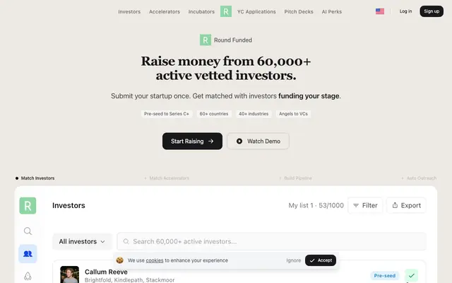 Screenshot of Raise from 60,000+ Vetted Investors + YC | Round Funded
