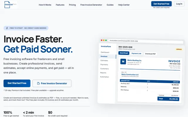 Screenshot of invoiceFare - Professional Invoicing for Freelancers & Small Businesses