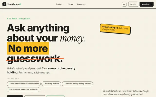Screenshot of UseMoney AI - Use money. Intelligently.