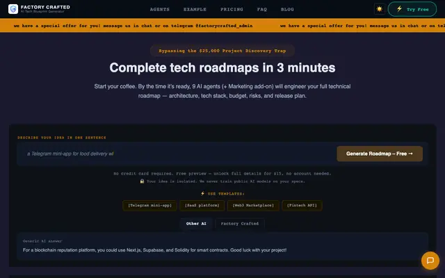 Screenshot of AI Factory — AI Roadmap Generator | 9 Agents, 3min