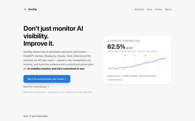Screenshot of GenSig — AI visibility monitor & GEO consultant for ChatGPT and Gemini
