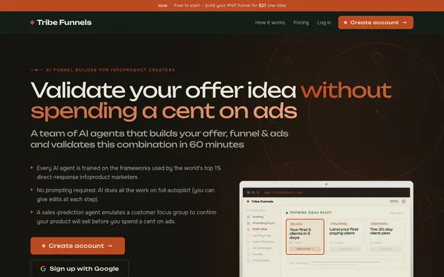 Screenshot of Tribe Funnels — AI that builds infoproduct funnels