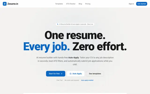 Screenshot of Zesume.in — One resume. Every job. Zero effort.