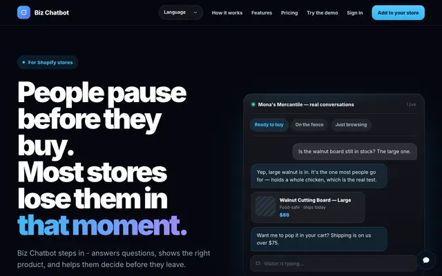 Screenshot of Biz Chatbot — Answer the questions before buyers leave