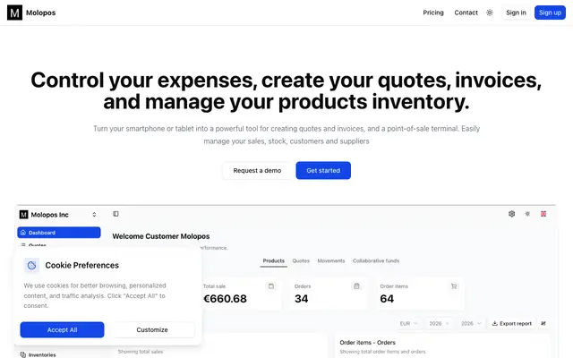 Screenshot of Quotation creation, invoicing and stock management software | Molopos