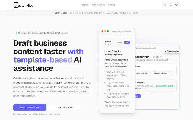 Screenshot of CreatorNivo | AI-assisted text content SaaS