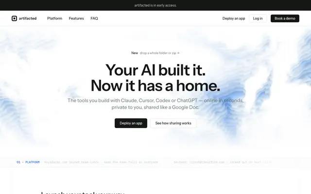 Screenshot of artifacted — The cloud for agent-built software