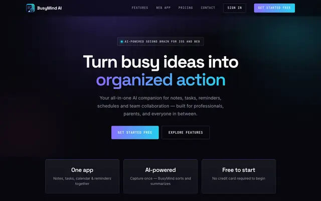 Screenshot of BusyMind AI — Notes, Tasks & Calendar