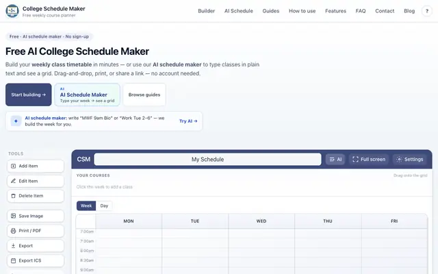 Screenshot of Free College Schedule Maker — Weekly Class Timetable Online