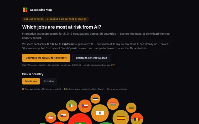 Screenshot of AI Job Risk Map — how exposed is every job to AI, across 17 countries