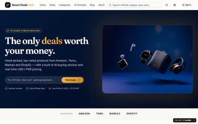 Screenshot of Smart Deals Hub — AI-Curated Deals from Amazon, Temu, Markaz & Shopify