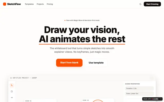 Screenshot of SketchFlow — Draw scenes, ship whiteboard videos