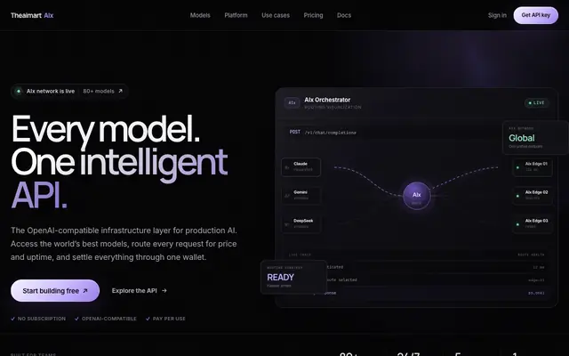 Screenshot of AIx — OpenAI-Compatible API for 80+ Models | theaimart