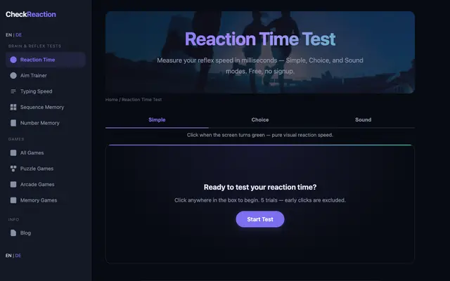 Screenshot of Reaction Time Test — Check Your Reaction Speed | CheckReaction.com