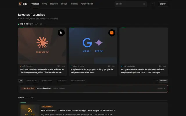 Screenshot of Releases · KBlip - The Signal Feed for the AI/LLM World