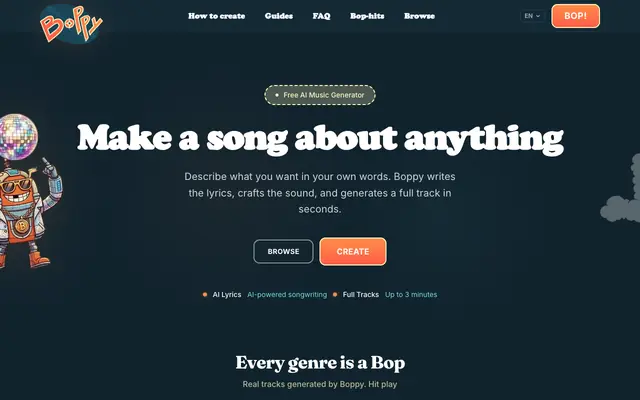 Screenshot of Boppy — Free AI Music Generator | Create Songs with AI