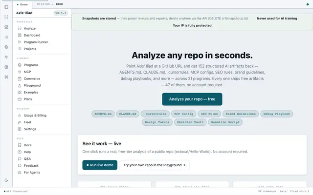 Screenshot of Axis Iliad — AI Codebase Analyzer & MCP Tools | Generate AGENTS.md, CLAUDE.md &