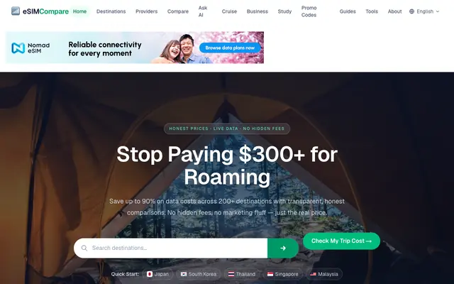 Screenshot of Global eSIM Price Compare | Cheap Travel eSIM Plans