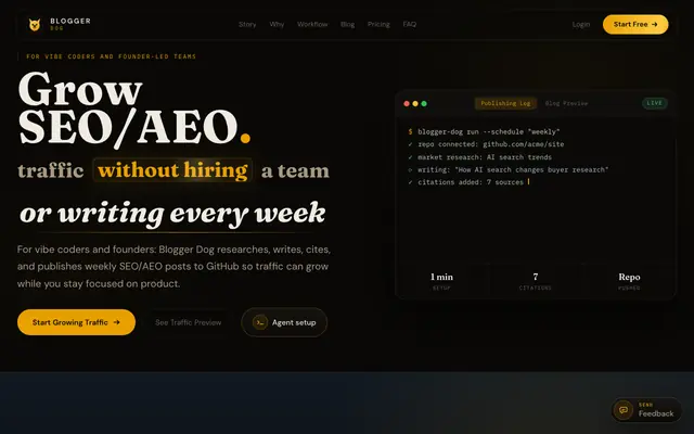 Screenshot of Blogger Dog | SEO/AEO traffic without hiring a team