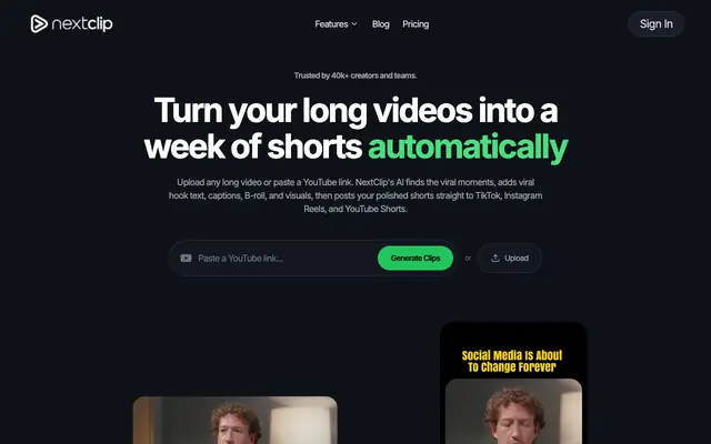 Screenshot of Clipped, Captioned, and Posted Everywhere On Autopilot | NextClip