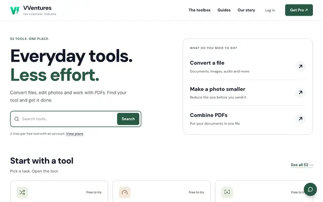 Screenshot of VVentures, 50+ Free Online Tools (Convert, AI, PDF, Media)