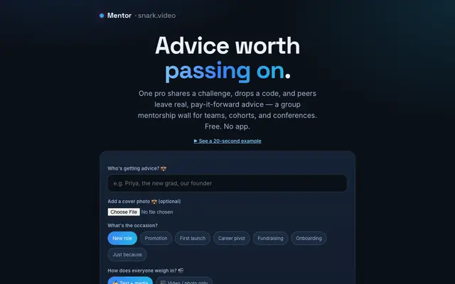 Screenshot of Mentor — group advice walls for professionals | snark.video