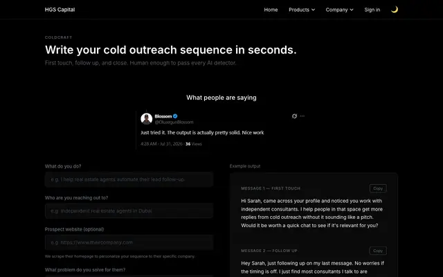 Screenshot of ColdCraft — HGS Capital