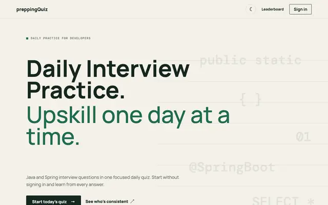 Screenshot of preppingQuiz | Daily Java Interview Practice