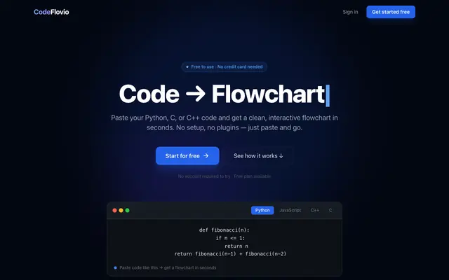 Screenshot of CodeFlovio | Code to Flowchart & Algorithm Visualizer Tool