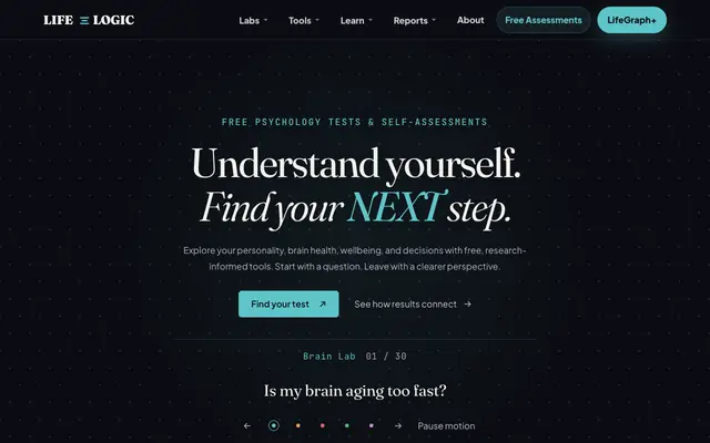 Screenshot of Free Psychology & Brain Tests | Evidence-Based Tools