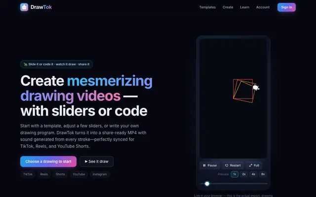 Screenshot of DrawTok — turn sliders or code into drawing videos