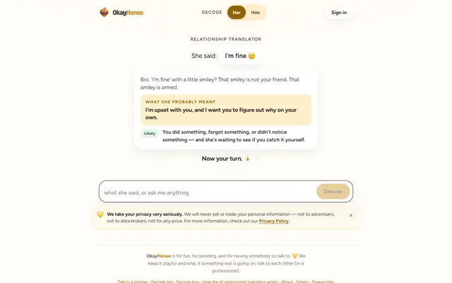 Screenshot of OkayHonee — What she actually meant