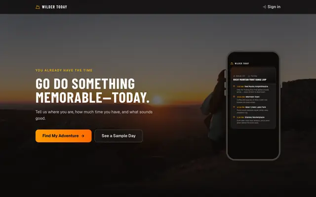 Screenshot of Wilder Today — Build Your Day Outside