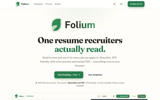 Screenshot of Folium — Free professional resume builder with PDF export