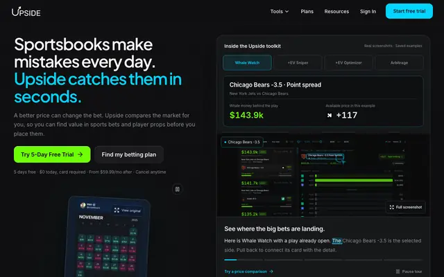 Screenshot of Upside | Live Odds, +EV & Sharp-Money Betting Tools