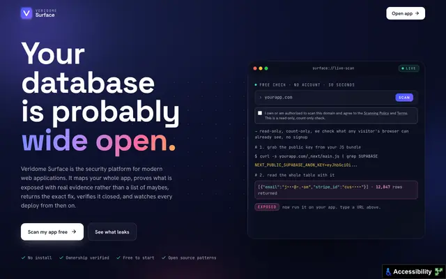 Screenshot of Veridome Surface | Security Layer for Apps Built with AI
