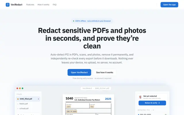 Screenshot of VeriRedact: local PDF redaction, verified and certified