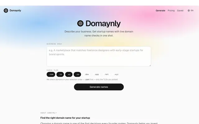 Screenshot of Domaynly — Domain Name Finder & Startup Name Generator