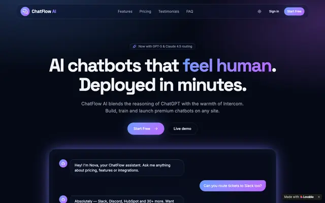 Screenshot of ChatFlow AI — Premium AI Chatbots for Support Teams