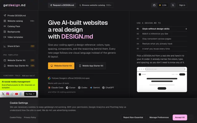 Screenshot of getdesign.md — DESIGN.md collection for AI coding agents