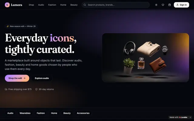 Screenshot of Lumora — Curated marketplace for sound, style & home