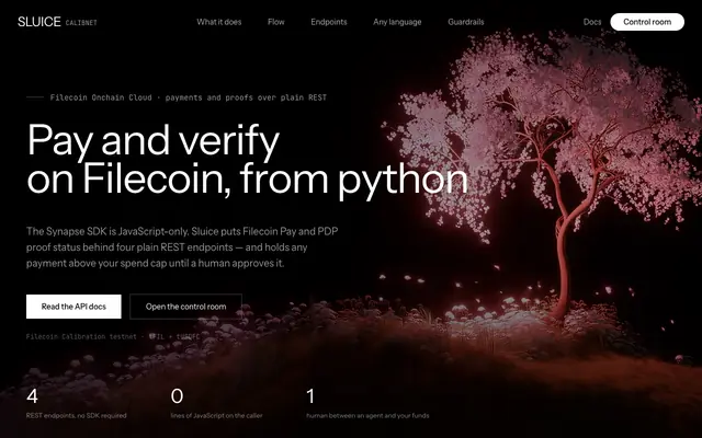 Screenshot of Sluice — safety-gated REST access to Filecoin Onchain Cloud