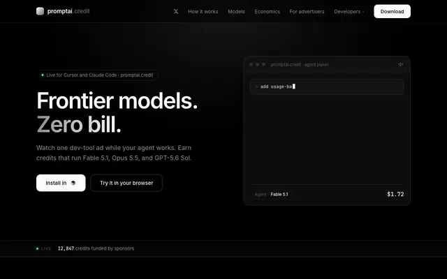 Screenshot of promptai.credit | Frontier models, on credits
