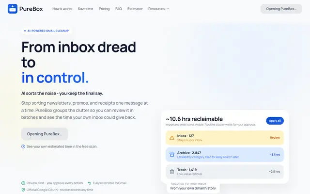 Screenshot of PureBox - From inbox dread to in control