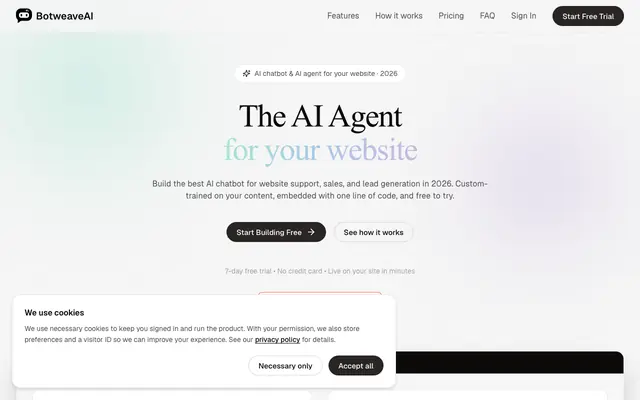 Screenshot of AI Chatbot for Website | Best AI Agent for Website Support & Lead Gen 2026 | Bot