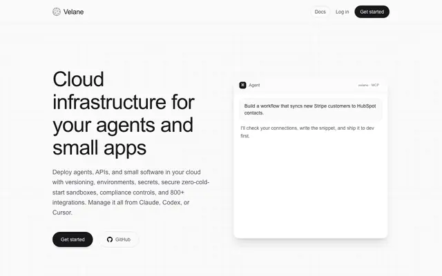 Screenshot of Velane | Integration Infrastructure Agents Actually Control