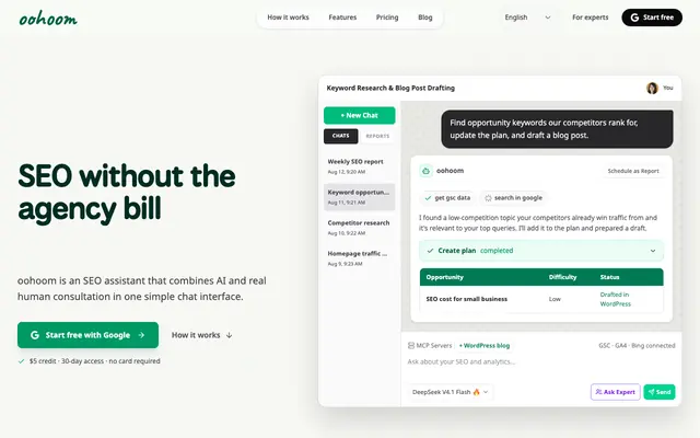 Screenshot of oohoom | SEO without the agency bill
