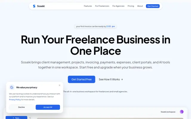 Screenshot of Free Invoicing Software for Freelancers | Soseki