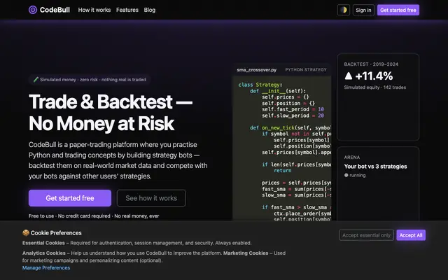 Screenshot of CodeBull – Paper Trade & Backtest Like a Pro