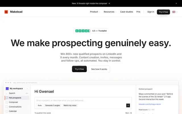 Screenshot of Makelead — Le copilote IA des freelances qui veulent des clients